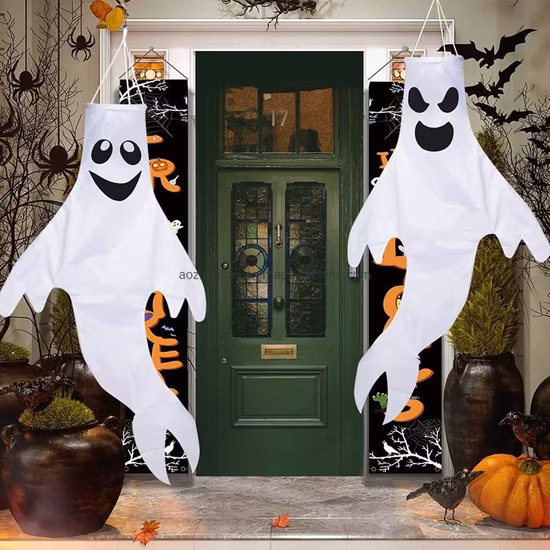 Fornecedor da China Suprimentos para festas de Halloween Decorações ao ar livre LED Ghost Biruta Pendurado Decoração Hallowmas Wind Sock Yard Tree